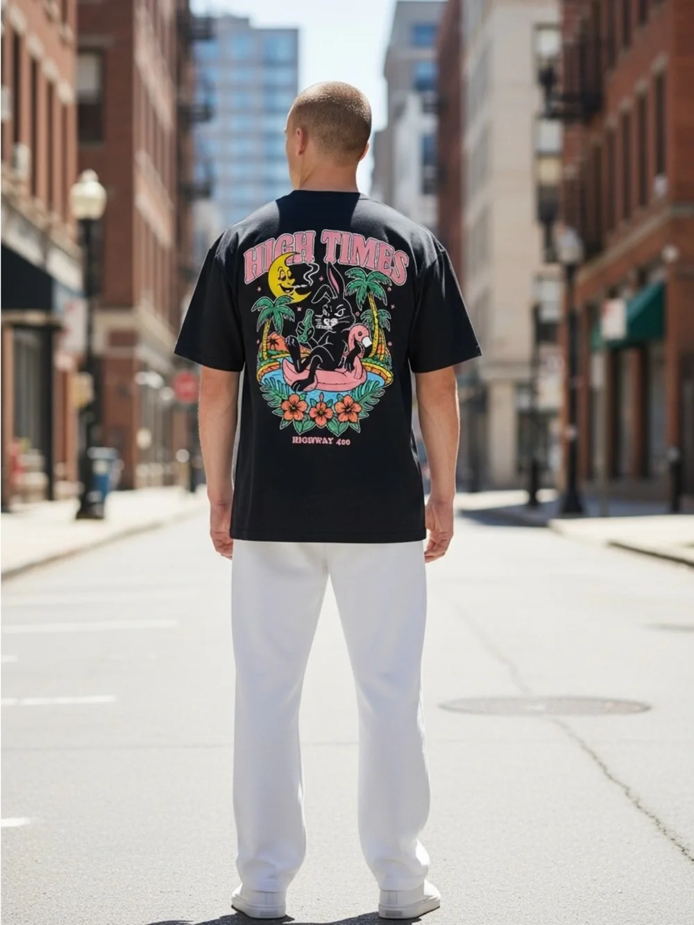Black Graphic Crewneck T-Shirt with Yellow Moon Emblem - Picture 2 of 5